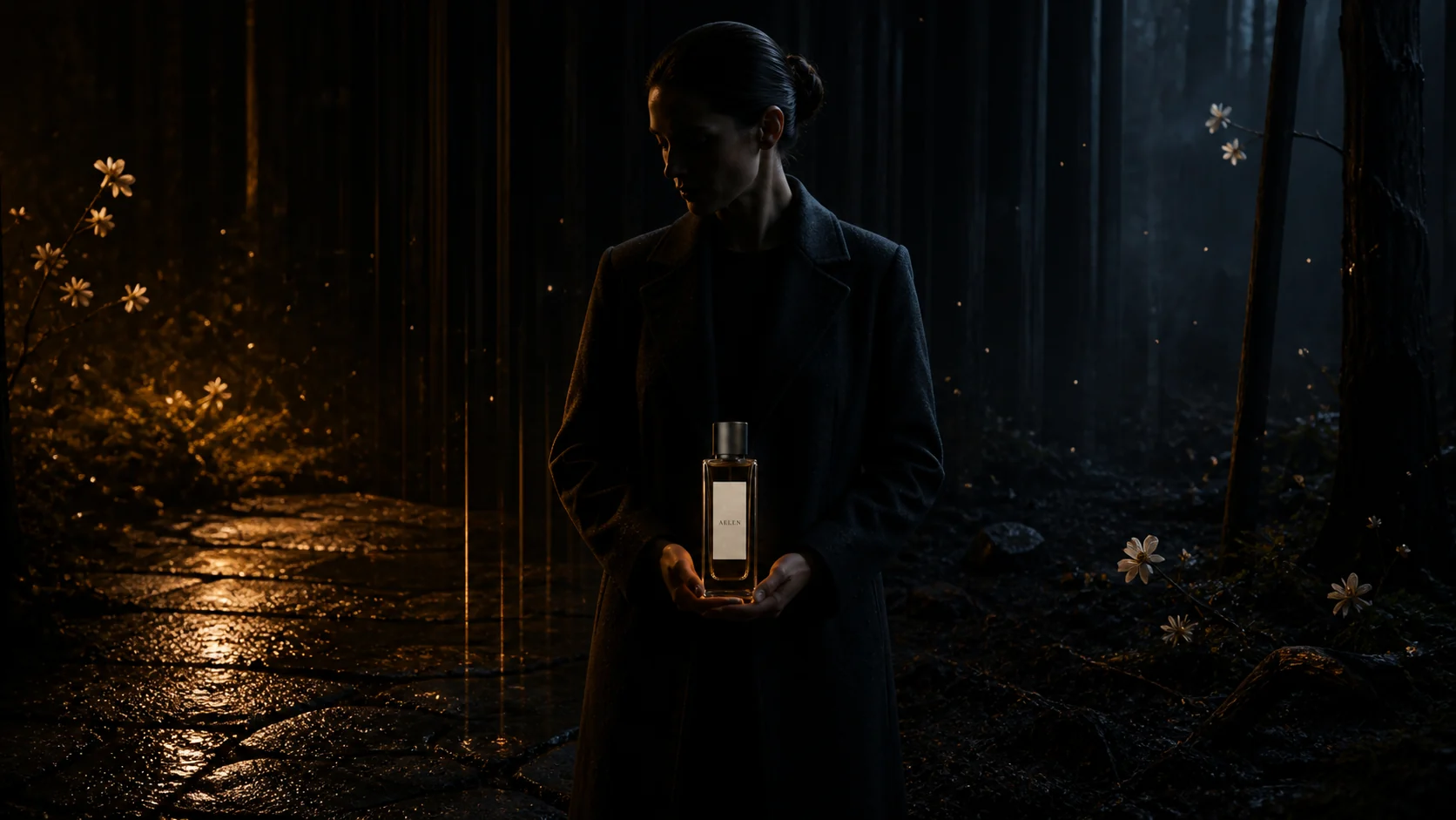 Rain, amber light, flowers and the woman converging into one final memory world